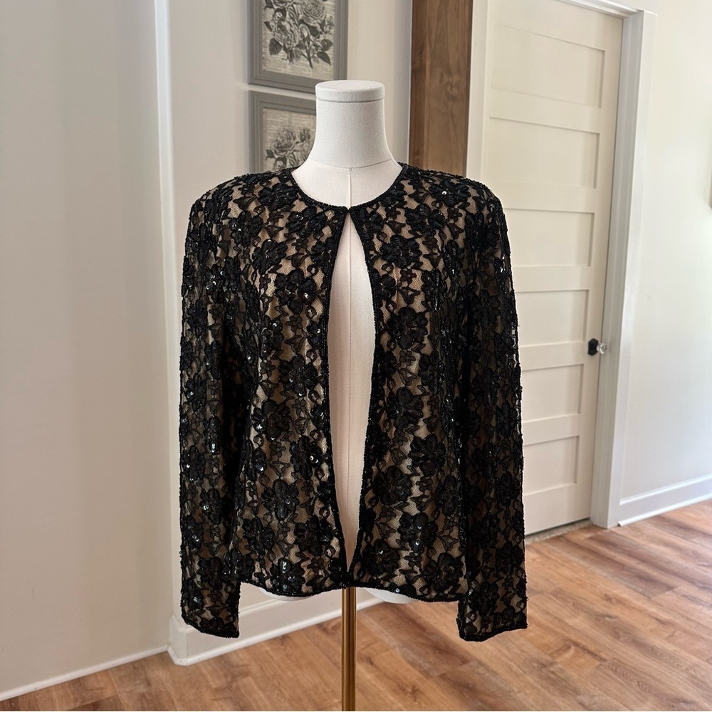 Women's 14 Black Beaded Lace Open Lined Cocktail Holiday Formal Party Jacket - Picture 1 of 7